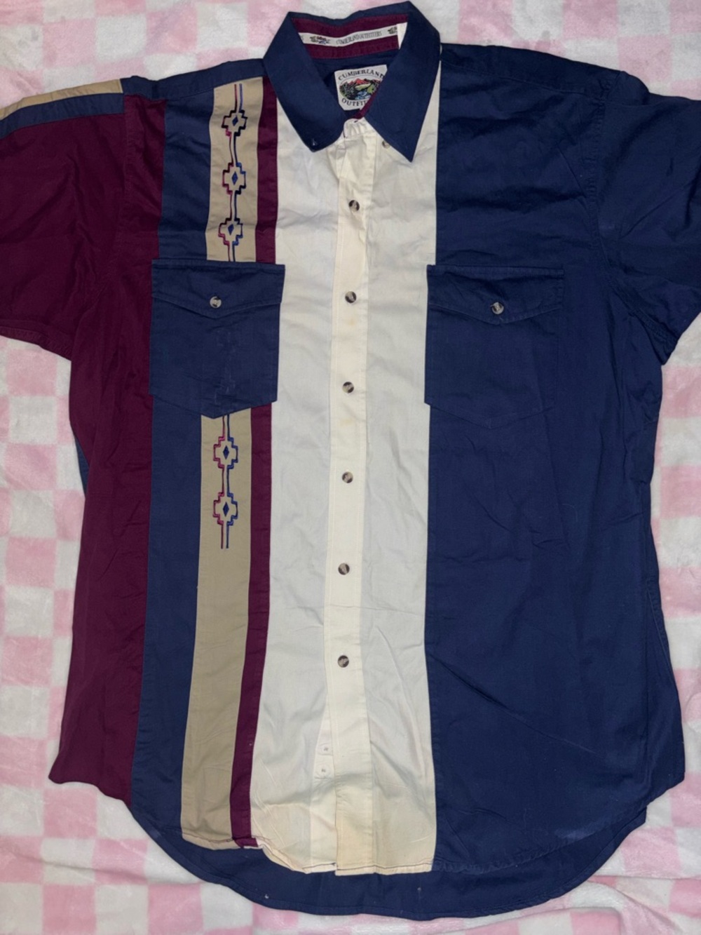 VTG Cumberland Outfitters Shirt Mens Medium Blue Colorblock Aztec Southwestern